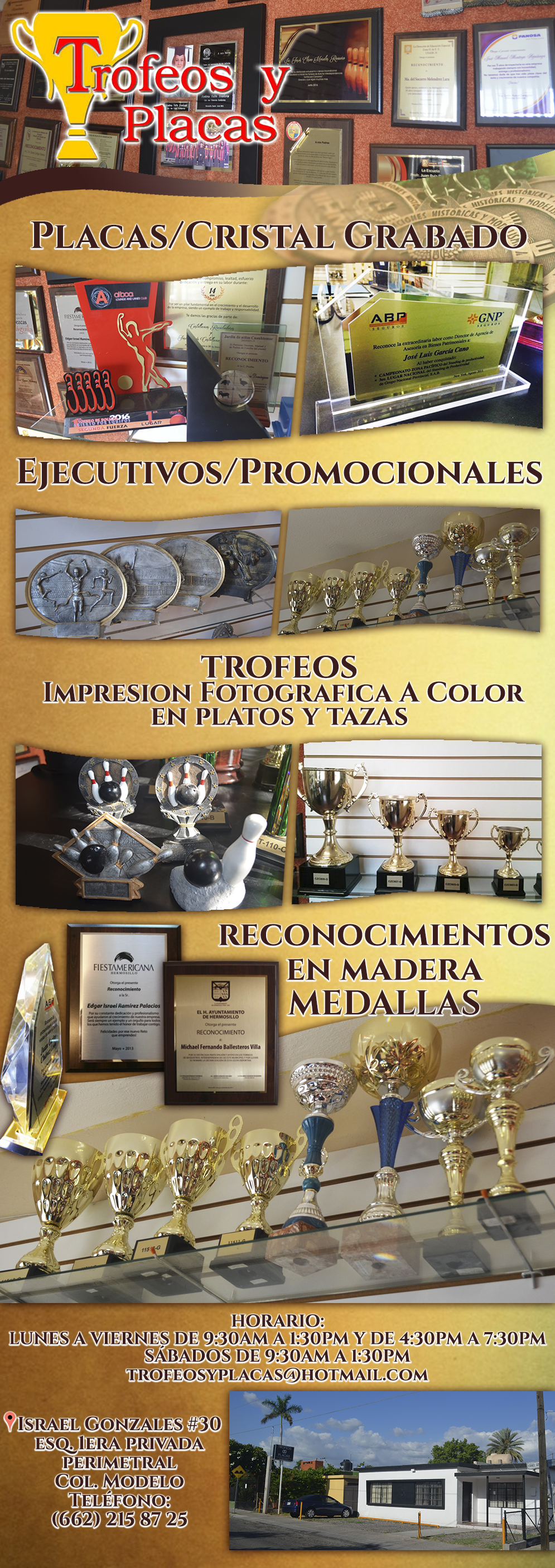 TROFEOS Y PLACAS-Contamos con todo tipo de Trofeos, medallas y Reconocimientos.Placas en cristal grabado, Reconocimientos ejecutivos y promocionales. 
Trofeos e impresion fotográfica a color en platos y tazas. Reconocimiento en madera y medallas. Sublimados y personalizadores.
                               