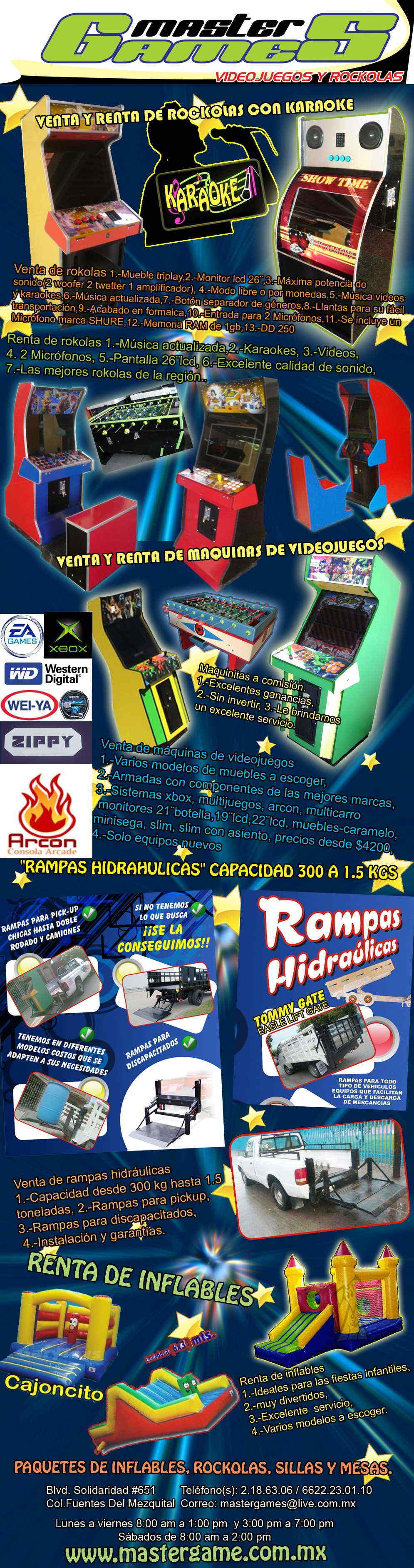Master Games, Videojuegos y Rockolas-Venta, Renta y servicio de equipos recreativos, Rockolas, maquinas de videojuegos, simuladores.            