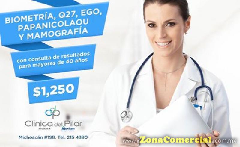 CLINICA DEL PILAR MEXFAM - Biometría, Q27, EGO, Papanicolaou, Mamografía $1250 en Clínica del Pilar