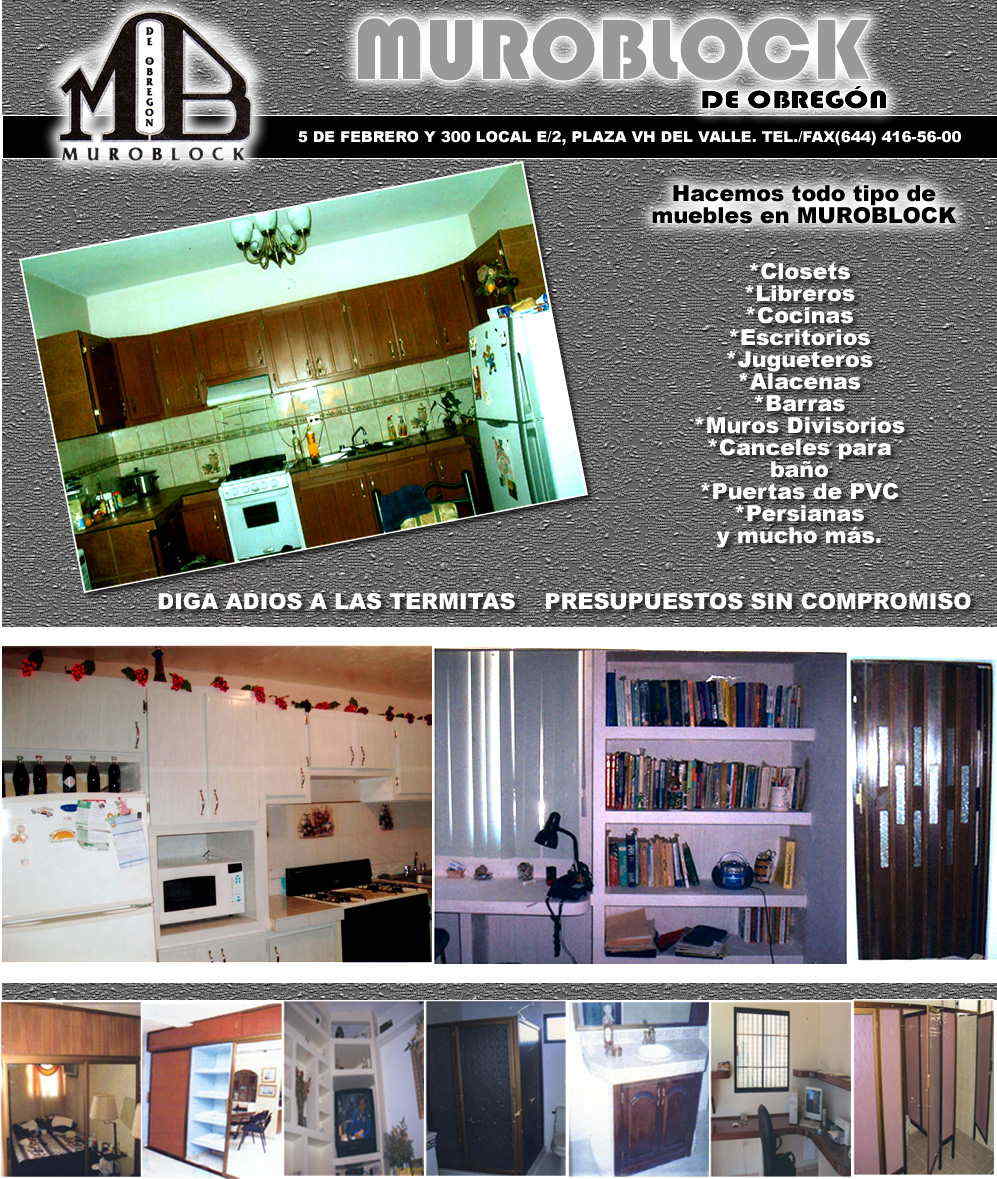 Muroblock de Obregón-Hacemos todo tipo de Muebles de Muroblock: Closet, Libreros, Cocinas, Escritorios, Jugueteros, Alacenas, Barras, Muros Divisorios, Canceles para baños, Puertas PVC, Persianas y más. Presupuesto sin compromiso    