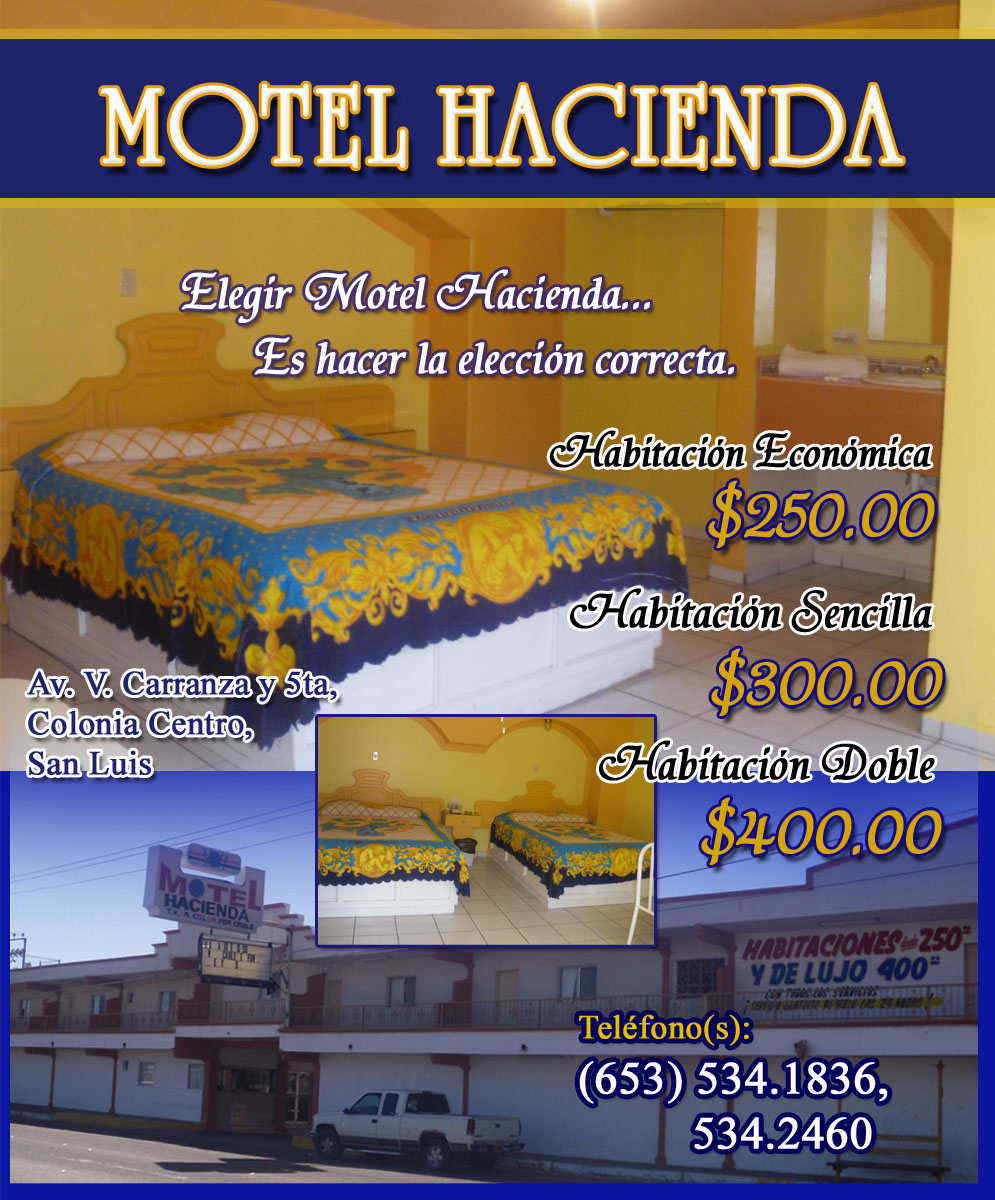 MOTEL HACIENDA-ELEGIR MOTEL HACIENDA... ES HACER LA ELECCION CORRECTA. -HABITACION ECONOMICA $250.00 -HABITACION SENCILLA $300.00 -HABITACION DOBLE $400.00    