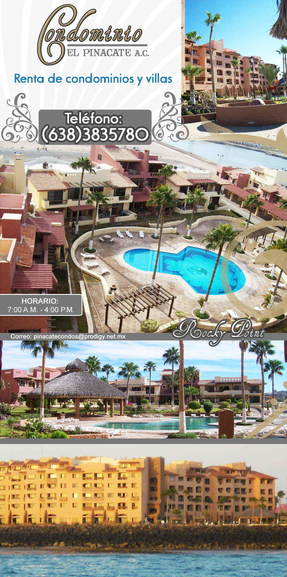 Condominio El Pinacate AC-Hospedese en los Condominios y Villas mejor ubicados en el puerto con una inmejorable vista de la bahia frente al Mar de Cortez.

Nuestras amenidades son gratuitas: Sala de Computo, Gimnasio, alberca, jacuzzi, internet inhalambrico en habitaciones y television satelital.

Estacionamiento, llegue a cualquier punto de la ciudad caminando.            