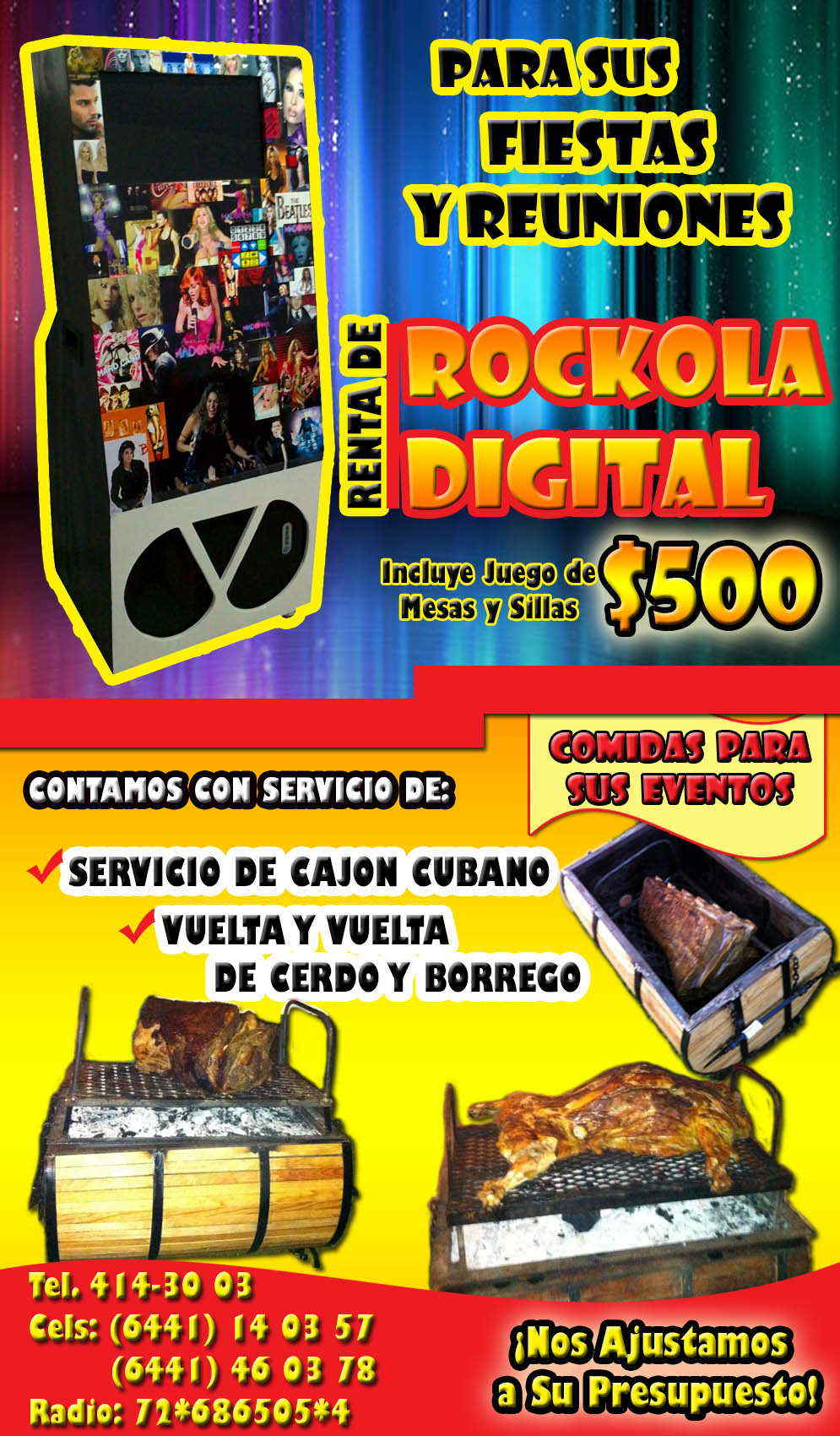 Rockola Digital y Cajón Cubano-Renta de Rockola Digital, Servicio de Cajón Cubano de Cerdo y Borrego. Comidas para eventos.     