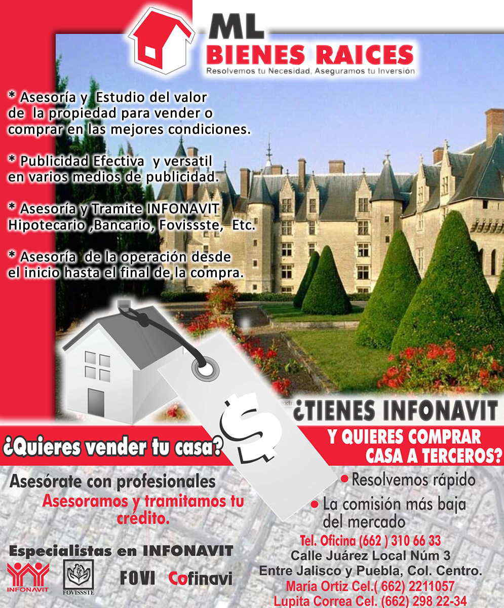 ML BIENES RAICES-BIENES RAICES, VENTA Y RENTA DE BIENES INMUEBLES, ASESORIAS Y TRAMITE DE CREDITOS,INFONAVIT, HIPOTECARIOS, BANCARIOS.