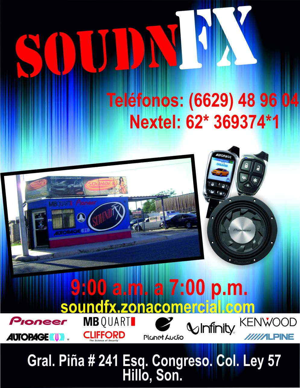 SOUNDFX-ALARMAS AUTOMOTRIZ, VENTA E INSTALACION Y REPARACION DE EQUIPO DE SONIDO, DETALLADO AUTOMOTRIZ Y CARROCERIA, SEGUROS ELECTRICOS, PULIDO Y ENCERADO DE AUTO, LAVADO DE INTERIORES, POLARIZADO.