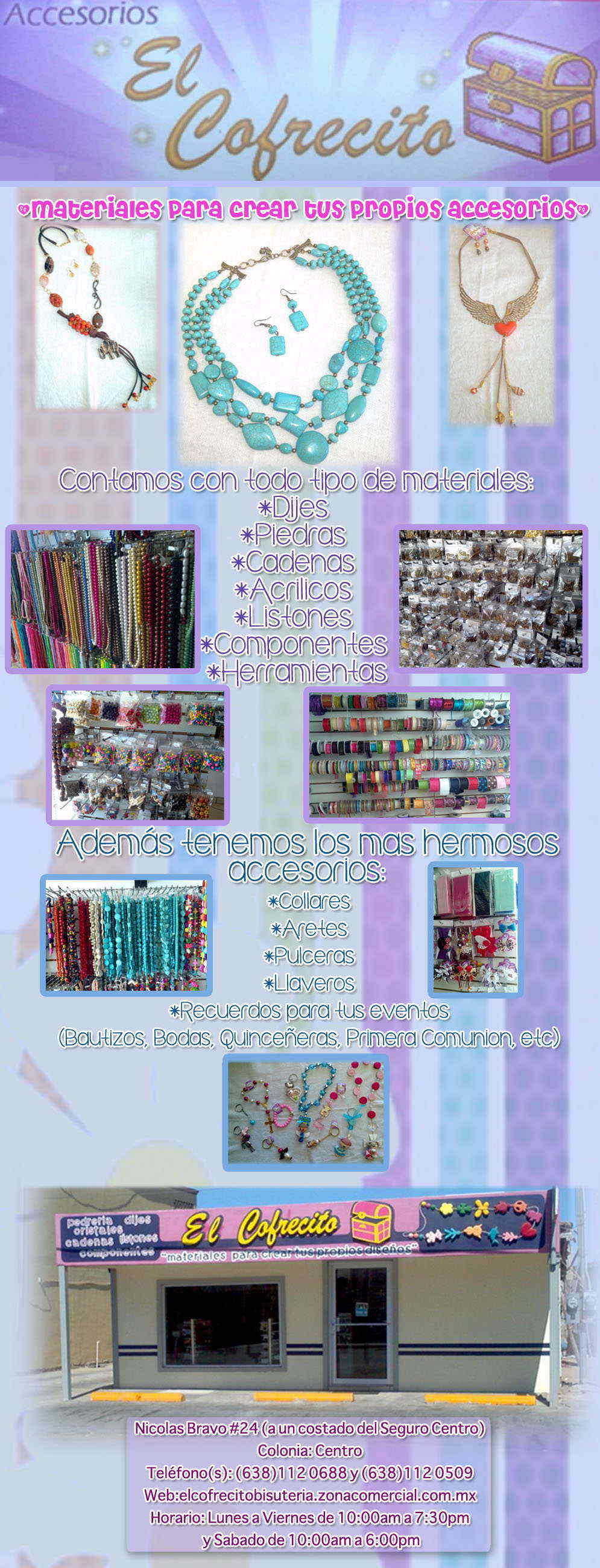 El Cofrecito Pedreria y Bisuteria-Material para crear accesorios, collares, aretes, pulceras, etc. Venta de piedras, Cadenas, dijes, acrilicos, listones, componentes y herramientas.     