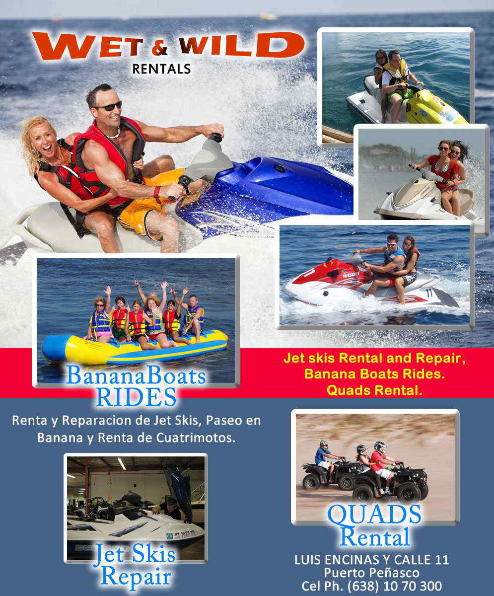 WET & WILD RENTALS - RENTA DE JET SKIS-Renta y Reparacion de Jet Skis, Paseo en Banana y Renta de Cuatrimotos. <br>
Jet skis Rental and Repair, Banana Boats Rides & Quads Rental.        