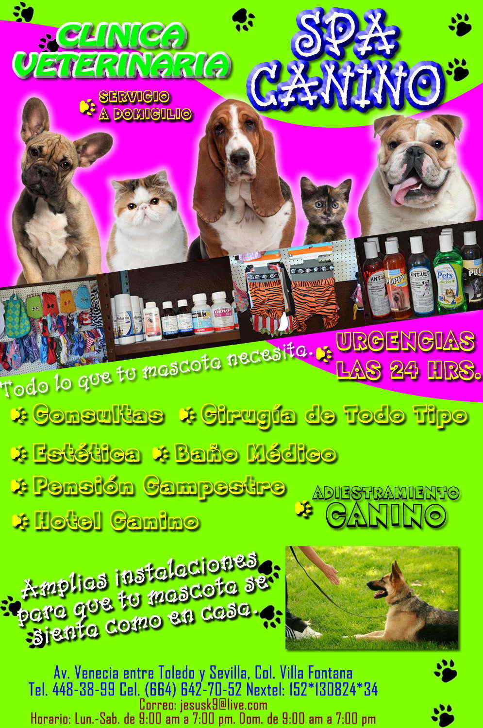 Clínica Veterinaria SPA CANINO-El mejor servicio para su mascota. Contamos con todos los servicios, urgencias, cirugías, pensión campestre,adiestramiento canino, hotel canino con amplias instalaciones para que tu mascota se sienta como en casa.                        