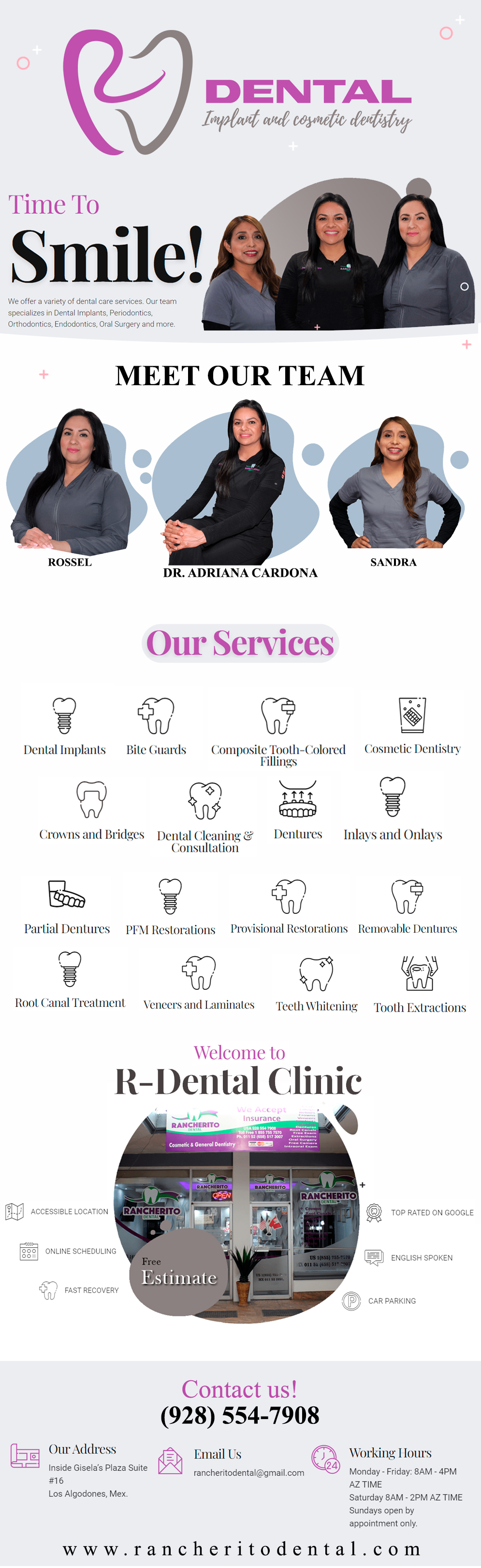 RD Dental. in Algodones  in Algodones  Cosmetic & General Dentistry             General Dentistry and Specialists We offer complete dental services including general dentistry cosmetic dentistry periodontics endodontics orthodontics and dental implants Bridges X-Rays Porcelain Veneers Metal Crowns Dental Bonding Deep Cleaning Denture Repair Traditional Acrylic Dentures Prescriptions Root Canals Metal Bridges White Fillings Root Canal Therapy Relines (Hard or Soft) General Oral Surgeries Porcelain Crowns Flexible Partials Composite Posts Teeth Whitening Extractions Flexible Parials Implants Porcelain Veneers Wisdom Tooth Extractions Metal Posts Traditional Cleaning Metal/Acrylic Partials Immediate Upper and Lower Dentures             