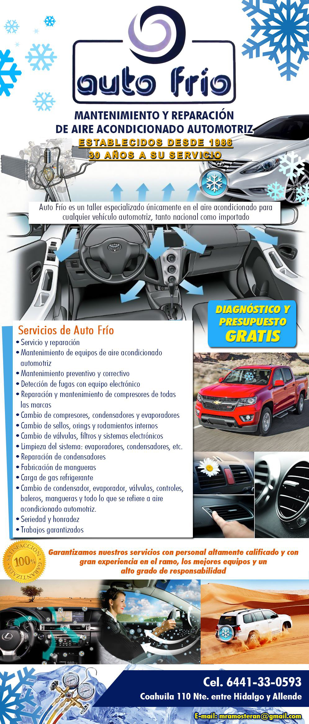 Auto Frio-MANTENIMIENTO Y REPARACIÓN DE AIRE ACONDICIONADO AUTOMOTRIZ. 29 años de experiencia nos respaldan. Estamos desde 1986, Auto Frío es un taller especializado únicamente en el aire acondicionado para cualquier vehículo automotriz, tanto nacional como importado.                    