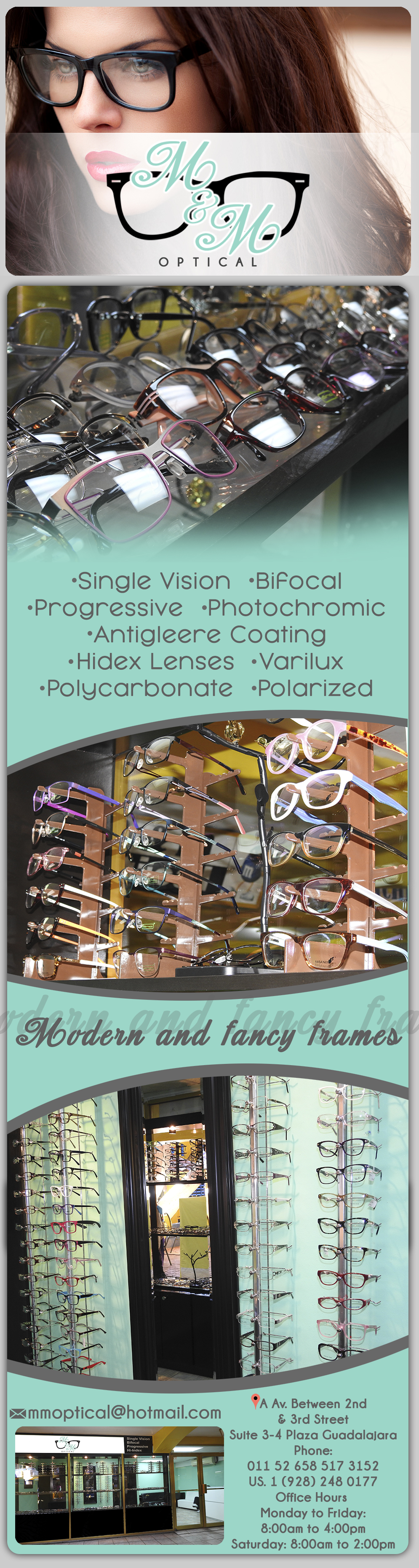 M & M Optical in Algodones  in Algodones  Single Vision, Bifocal, Progressive, Photochromic, Antigleere coating, Hi-index Lenses, Varilux, Polycarbonate, Polarized. MODERN AND FANCY FRAMES.         Single Vision Bifocal Progressive Photochromic Antigleere coating Hi-index Lenses Varilux Polycarbonate Polarized optical services lenses  MODERN AND FANCY FRAMES        óptica lentes 