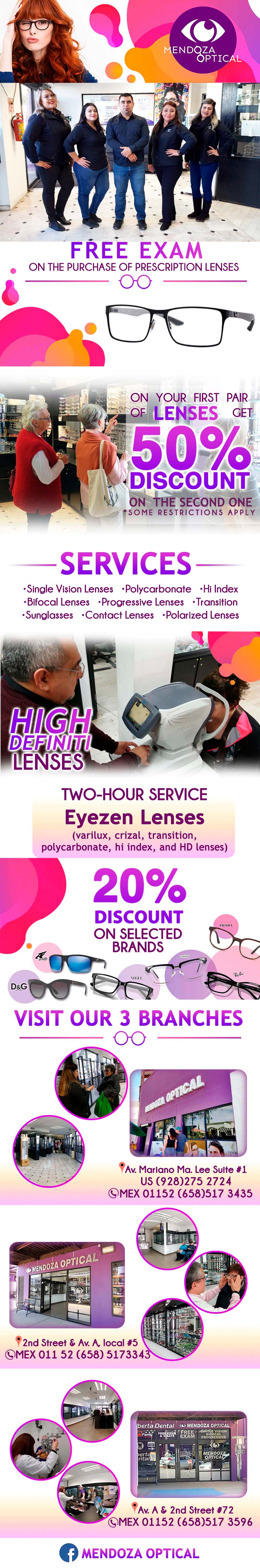 Mendoza Optical   in Algodones  in Algodones  Mendoza Optical  Lenses: Glass Plastic Hi Index Photogray Transition Clear Tinted Sunglasses Single Vision Bi-focal Tri-focal Progressive Frames Stainless Steel Plastic Titanium All types Colors and Styles of Contact Lenses On site lab Glaucoma Test Cataract Examination Vision Therapy Rehabilitation optica optical vision optica mendoza optica optical optica purple 