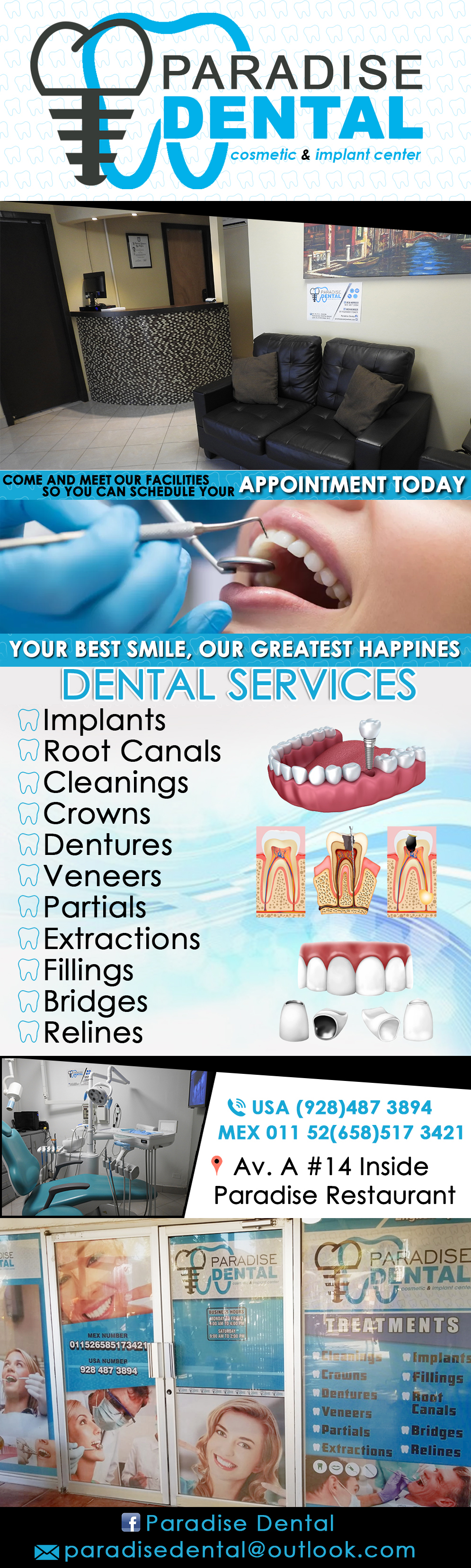 Paradise Dental Cosmetic & Implant Center in Algodones  in Algodones  ENGLISH SPOKEN
Treatmentes: Cleanings, Crowns, Veneers, Partials, Extractions, Fillings, Bridges, Implants, Root Canal,Relines.     limpias coronas tratamientos implantes canal rellenar rellena ingles implant rot canal reline filling extraction crown clean treatment veners veneer partial dentista dentist dentister dental diente muela             