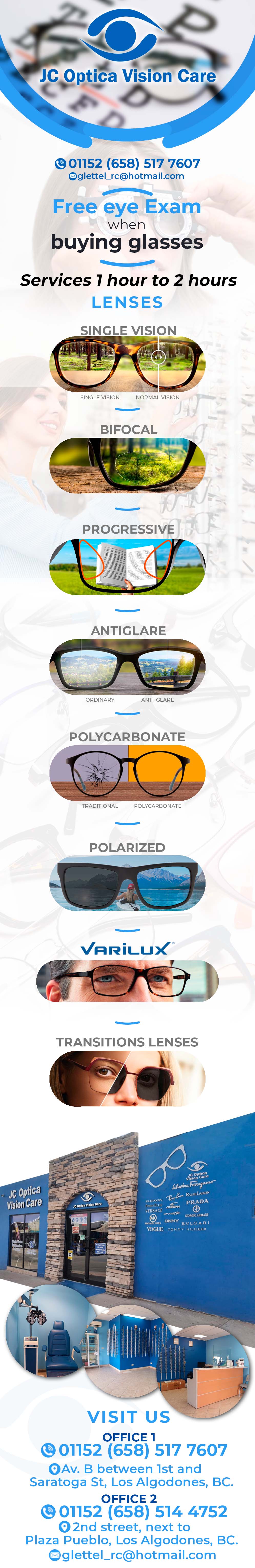 JC Optical Vision Care in Algodones  in Algodones  We are the best in Single vision, Bifocal, Progressive, Antiglare, polycarbonate, polarized, varilux. Single vision Bifocal Progressive Antiglare polycarbonate polarized varilux Free eye Exam when buying glasses 