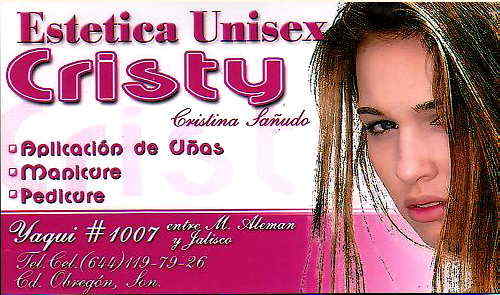 Estética Unisex Cristy--Aplicación de Uñas
-Manicure 
-Pedicure
-Cortes De Pelo
-Tintes
-Mechas
Y Más...