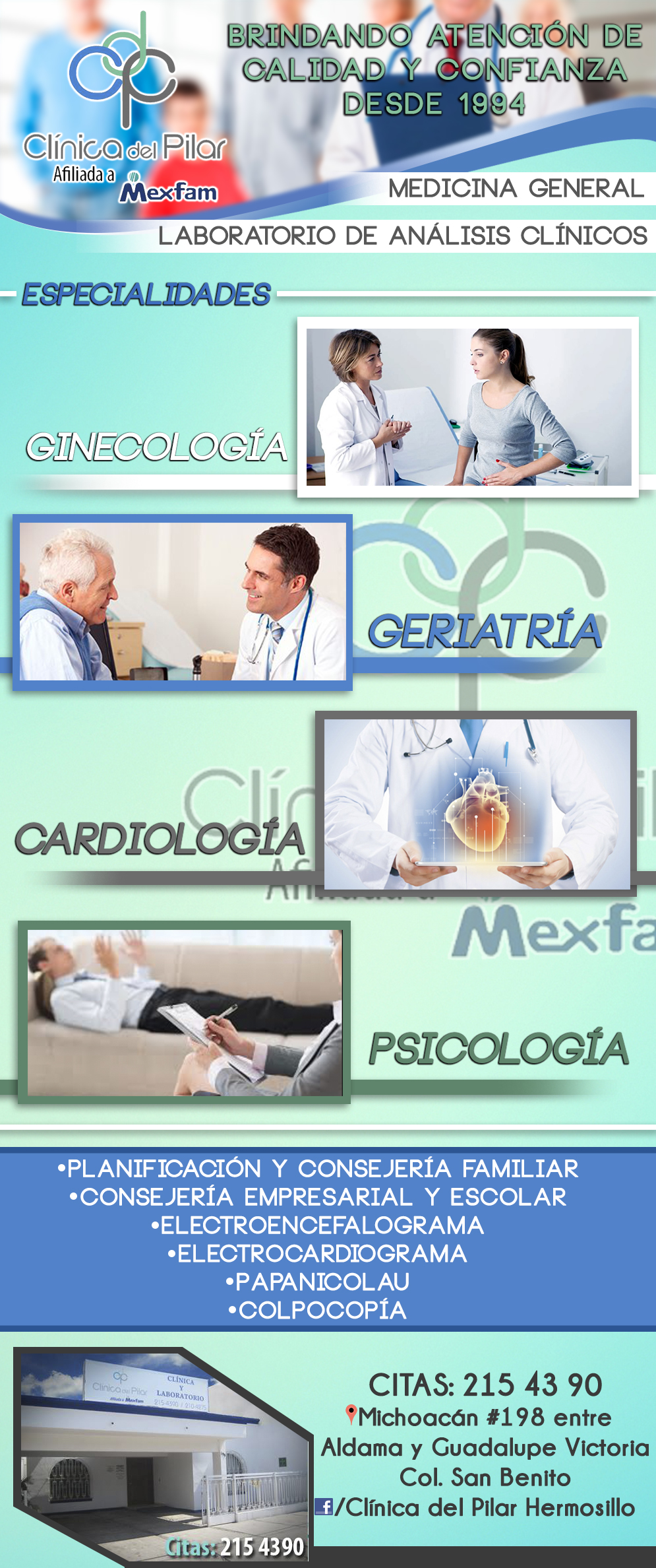 CLINICA DEL PILAR MEXFAM-Mexfam es una Asociación a nivel nacional con 50 años de experiencia en salud integral. Formando parte Asociación Sonorense para la Salud Reproductiva A.C.
MEDICINA GENERAL,LABORATORIO, CARDIOLOGIA,GINECOLOGIA,NUTRICIÓN,PSICOLOGIA.        