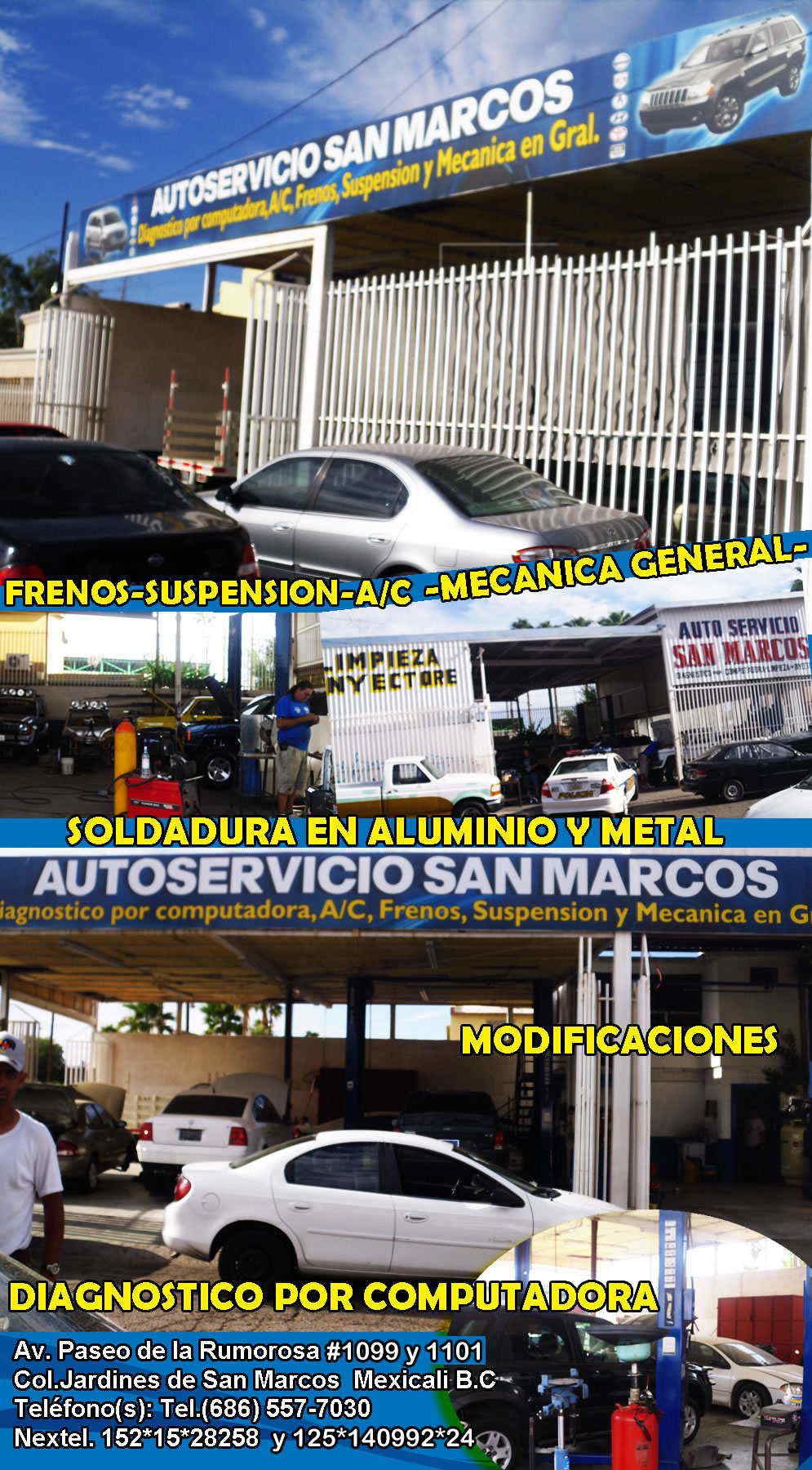 AUTO SERVICIO SAN MARCOS-DIAGNOSTICO POR COMPUTADORA-FRENOS-SUSPENSION-A/C-MECANICA GENERAL- SOLDADURA EN ALUMINIO Y METAL Y MODIFICACIONES.        