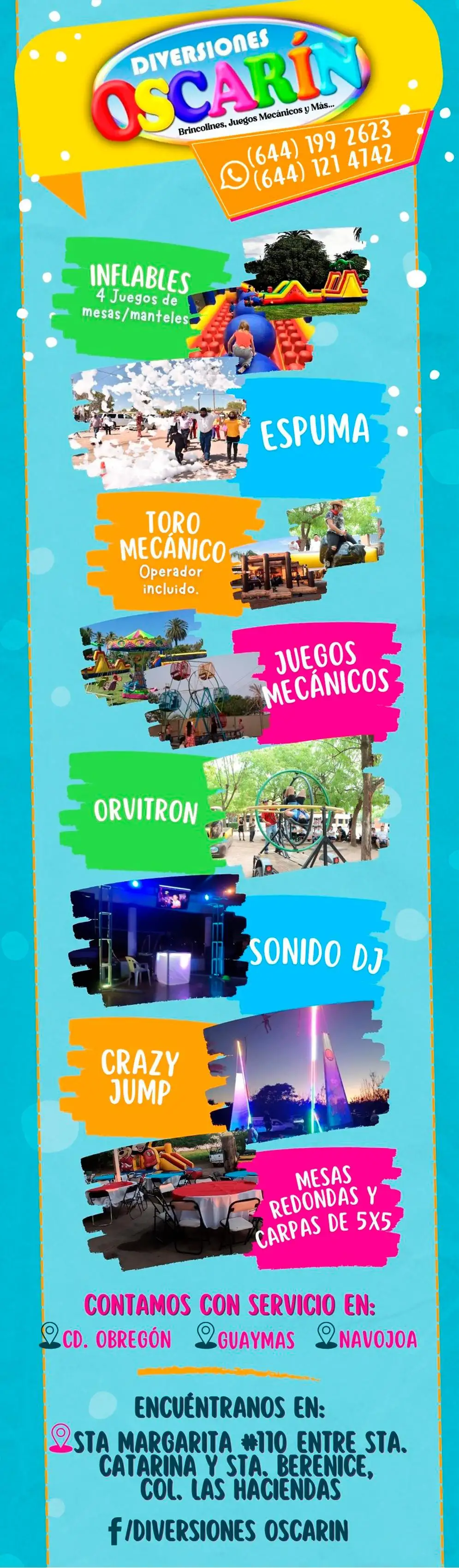 Diversiones Oscarin Renta de carpas, inflables, toro mecánico y servicios para fiestas/eventos.